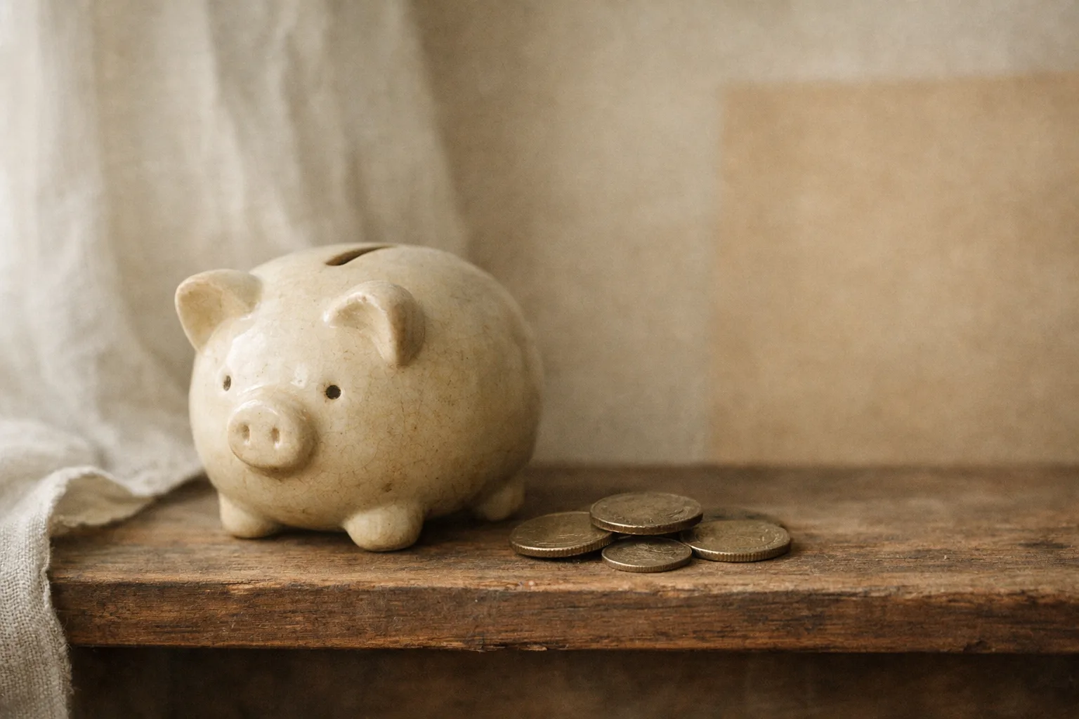 Sparschwein aus cremefarbener Keramik mit einigen alten Münzen auf einem Holzbrett